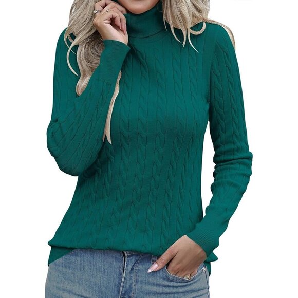 Women's Cable Knit Turtleneck Sweater Slim Fit Long Sleeve Fall Casual Top - Picture 2 of 5